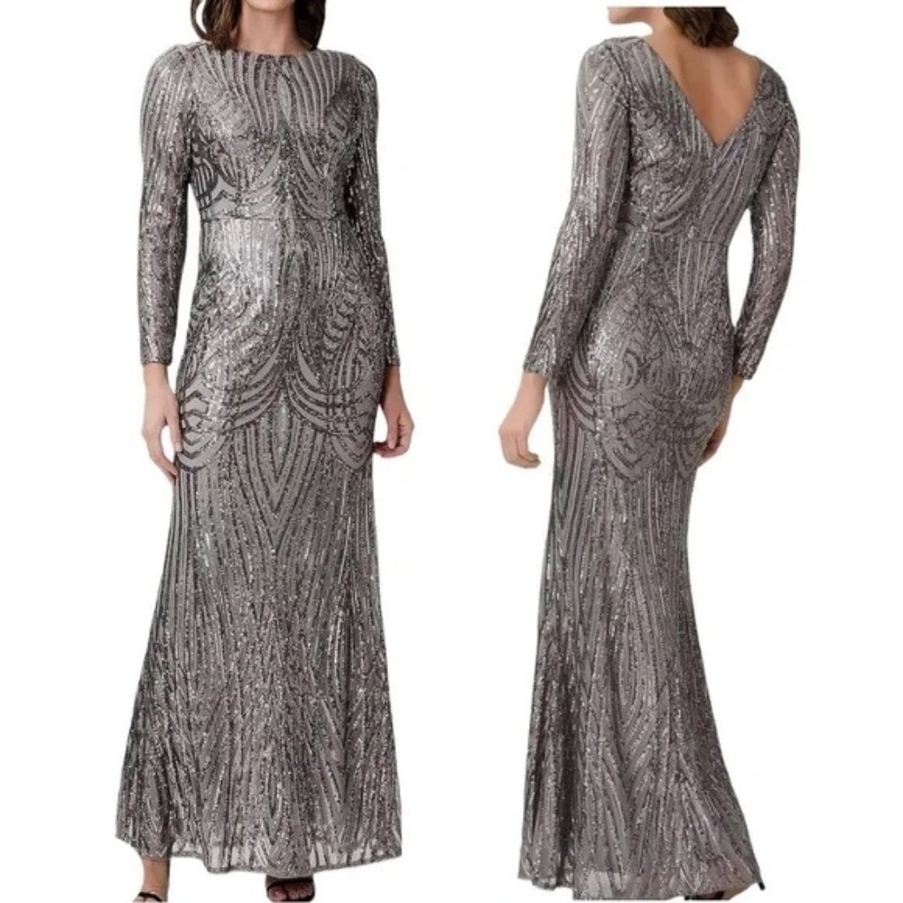 Adrianna Papell Silver Sequin Long Sleeve Evening Gown